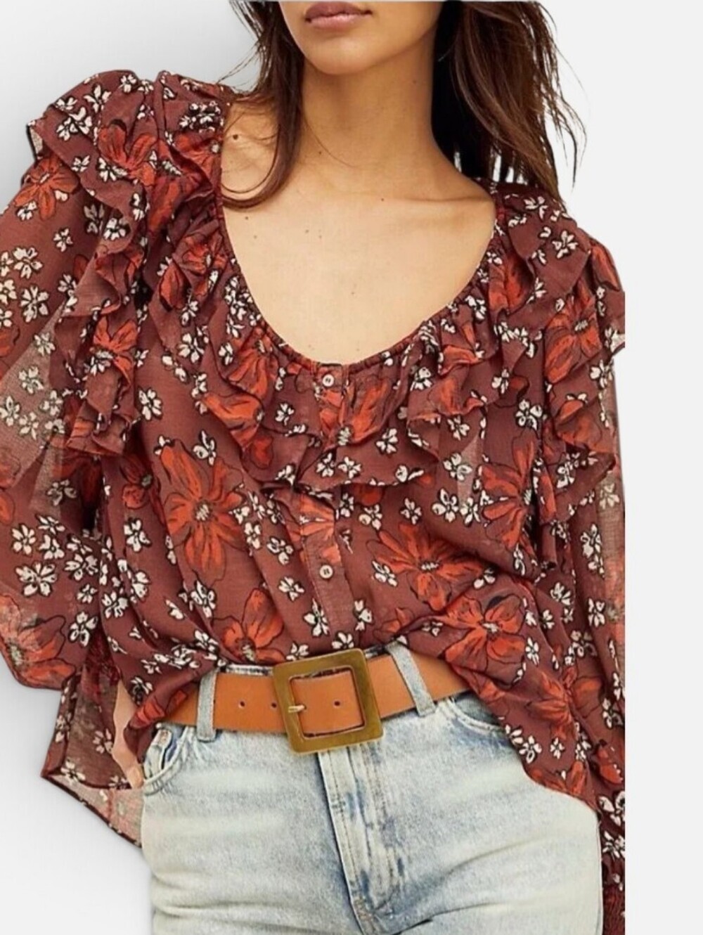 Free People Women’s Ruffled Floral Blouse in Rust